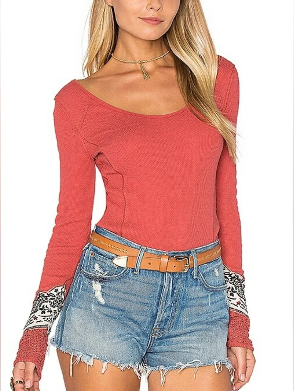 Free People Bandana Cuff Red Coral Thermal Top M Y2K